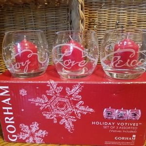 Gorham Set of 3 Holiday Votives New in Box Clear Red Candles